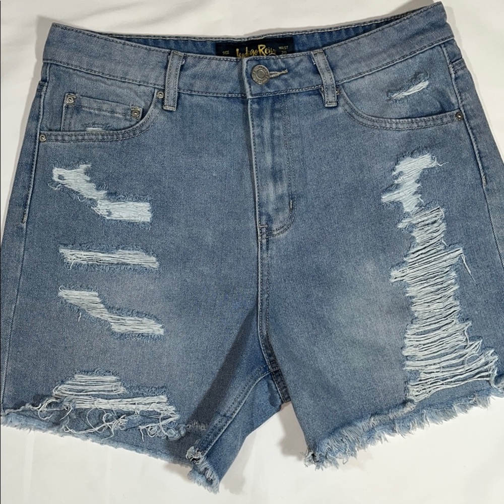 Blue Distressed Jean Shorts with Frayed Hem